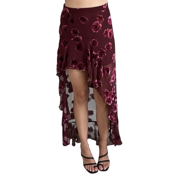 For Love & Lemons Sophie Velvet Floral Skirt Asymmetrical Silk Pink Size Medium - Picture 1 of 7